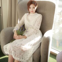 Robe Princesse Automne Pour Fille En Coton/dentelle - Manches Longues, Col Volanté, Fermeture éclair Dos