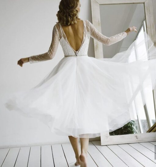 Robe De Mariée Courte Manches Longues Blanche
