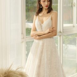 Robe de mariée ligne A en dentelle perlée avec bretelles spaghetti | Soirée Blanche