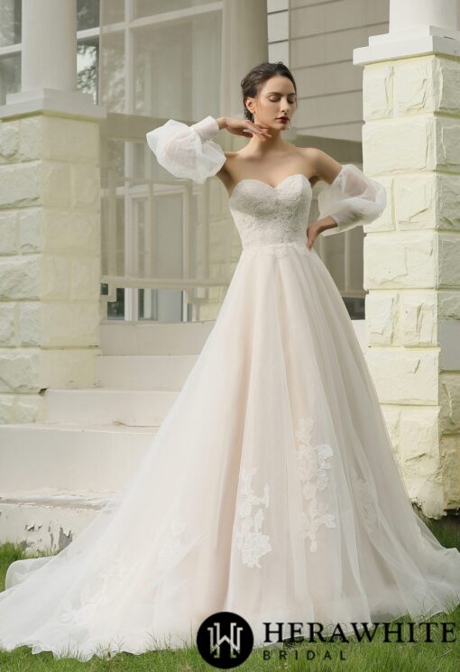 Robe de mariée ligne A bustier avec manches longues détachables | Soirée Blanche