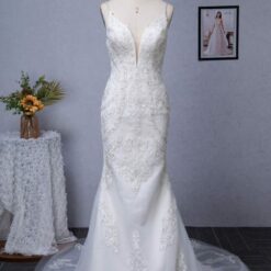 Robe de mariée col V plongeant dentelle brodée argentée avec traîne | Soirée Blanche