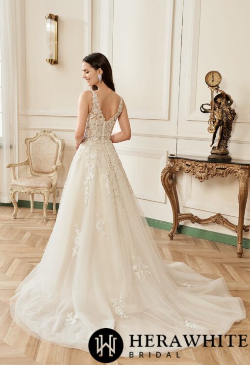 Robe de mariée A décolleté V et bretelles en dentelle | Soirée Blanche