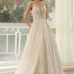 Robe de mariée ligne A en dentelle perlée avec bretelles spaghetti | Soirée Blanche