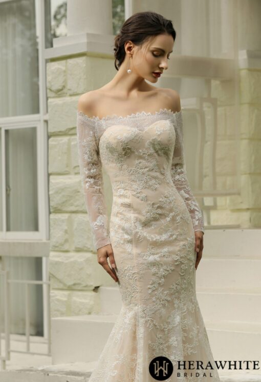 Robe de mariée sirène décolletée avec dentelle illusion | Soirée Blanche