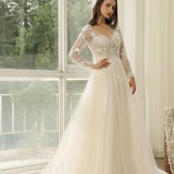Robe de Mariée Princesse à Manches Longues et dentelle florale | Soirée Blanche