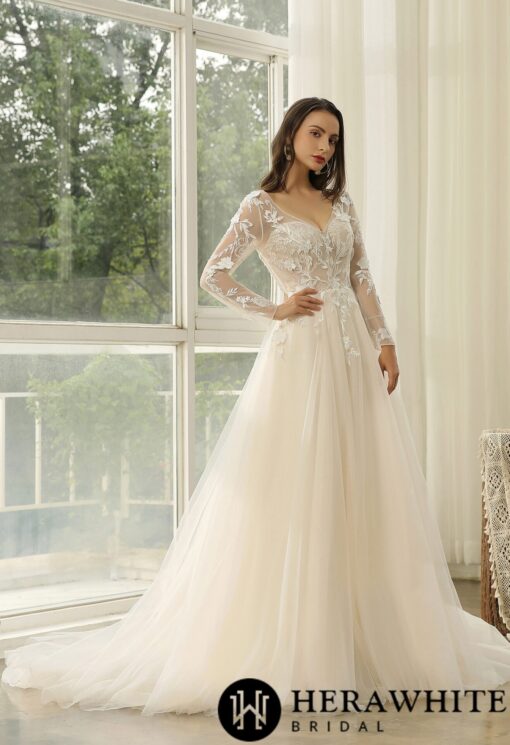 Robe de Mariée Princesse à Manches Longues et dentelle florale | Soirée Blanche