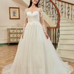 Robe de mariée princesse en dentelle à manches longues et traîne de chapelle en illusion | Soirée Blanche