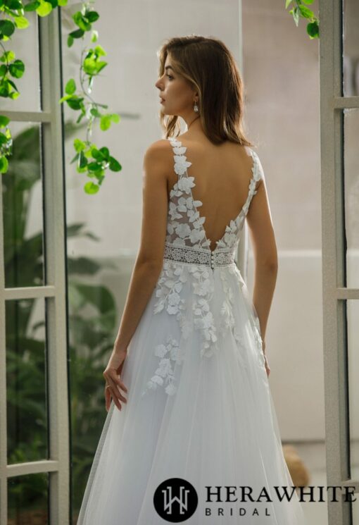 Robe de mariée A en dentelle florale avec jupe en tulle | Soirée Blanche