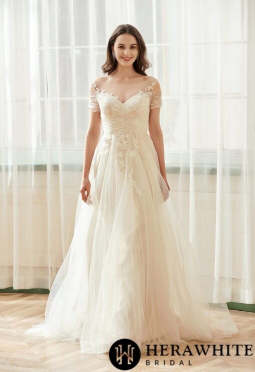 Robe de mariée romantique à corsage plissé en tulle avec illusion sur l’épaule | Soirée Blanche