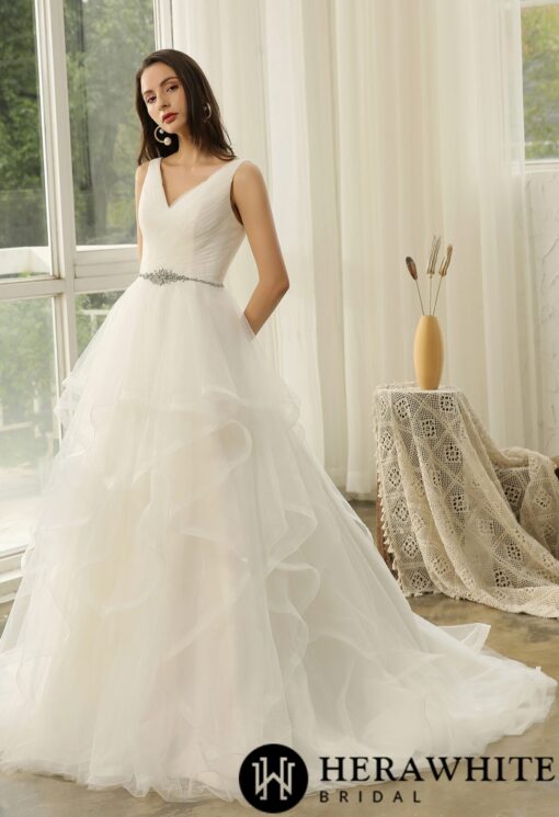 Robe de mariée princesse à volants et ceinture | Soirée Blanche