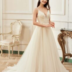 Robe de mariée A à bretelles spaghetti champagne romantique | Soirée Blanche
