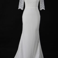Robe de mariée fourreau en crêpe à manches 3/4 et dentelle| Soirée Blanche