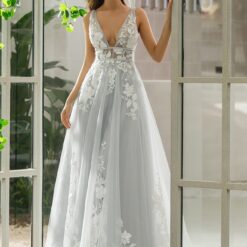 Robe de mariée col V plongeant avec motifs floraux | Soirée Blanche