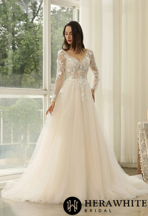 Robe de Mariée Princesse à Manches Longues et dentelle florale | Soirée Blanche