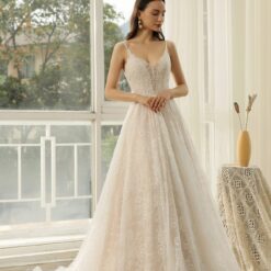 Robe de mariée ligne A en dentelle perlée avec bretelles spaghetti | Soirée Blanche