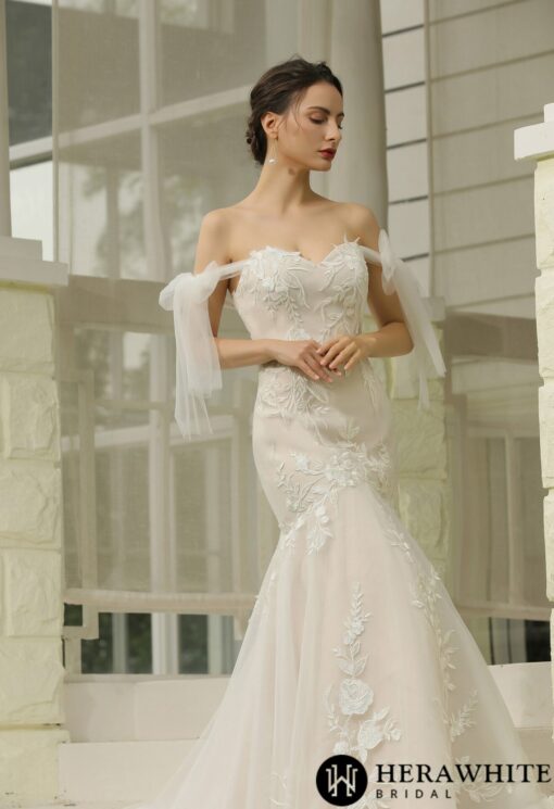 Robe de mariée sirène en dentelle florale avec manches en tulle détachables | Soirée Blanche