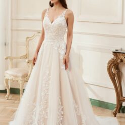 Robe de mariée rose nude en ligne A avec détails floraux et bretelles d’illusion | Soirée Blanche