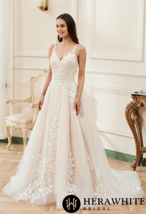 Robe de mariée rose nude en ligne A avec détails floraux et bretelles d’illusion | Soirée Blanche