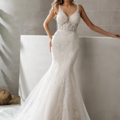 Robe de mariée sirène en dentelle symétrique avec traîne transparente | Soirée Blanche