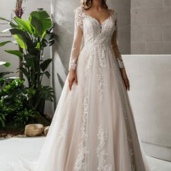 Robe de mariée princesse col en V et manches longues dentelle florale | Soirée Blanche