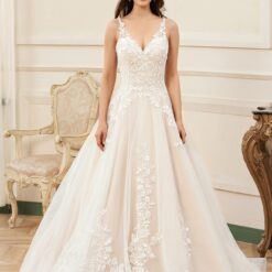 Robe de mariée rose nude en ligne A avec détails floraux et bretelles d’illusion | Soirée Blanche