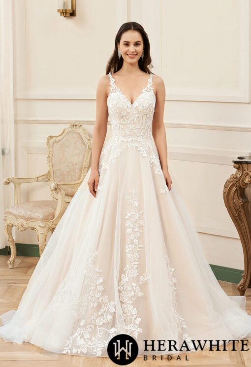 Robe de mariée rose nude en ligne A avec détails floraux et bretelles d’illusion | Soirée Blanche