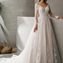 Robe de mariée princesse col en V et manches longues dentelle florale | Soirée Blanche