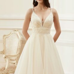 Robe de mariée A à bretelles spaghetti champagne romantique | Soirée Blanche