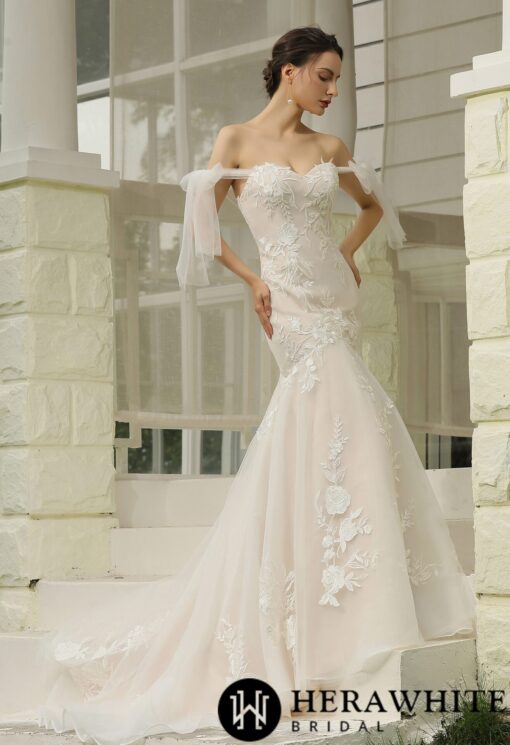 Robe de mariée sirène en dentelle florale avec manches en tulle détachables | Soirée Blanche