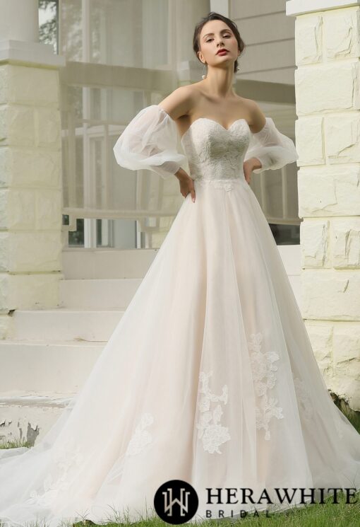 Robe de mariée ligne A bustier avec manches longues détachables | Soirée Blanche