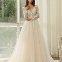 Robe de Mariée Princesse à Manches Longues et dentelle florale | Soirée Blanche