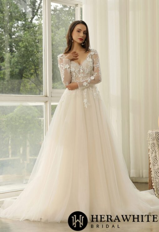 Robe de Mariée Princesse à Manches Longues et dentelle florale | Soirée Blanche