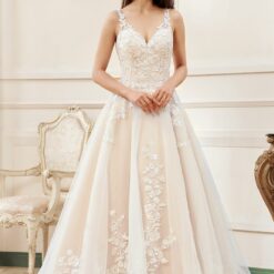 Robe de mariée rose nude en ligne A avec détails floraux et bretelles d’illusion | Soirée Blanche