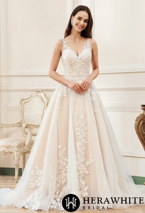 Robe de mariée rose nude en ligne A avec détails floraux et bretelles d’illusion | Soirée Blanche
