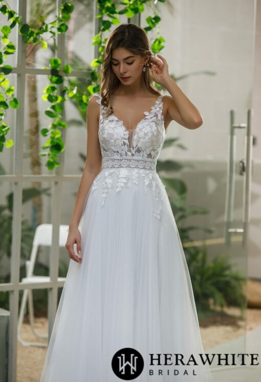 Robe de mariée A en dentelle florale avec jupe en tulle | Soirée Blanche