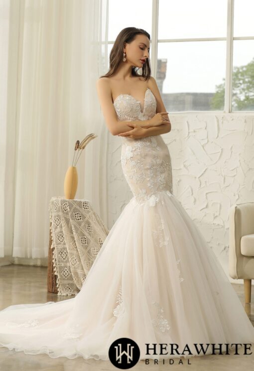 Robe de mariée sirène en tulle et dentelle à cœur ouvert | Soirée Blanche