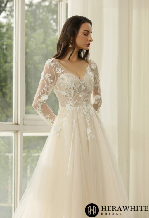 Robe de Mariée Princesse à Manches Longues et dentelle florale | Soirée Blanche