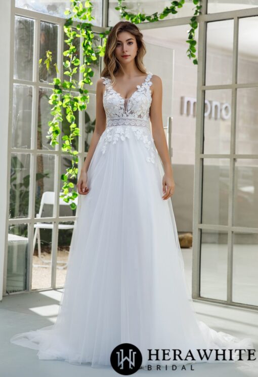 Robe de mariée A en dentelle florale avec jupe en tulle | Soirée Blanche