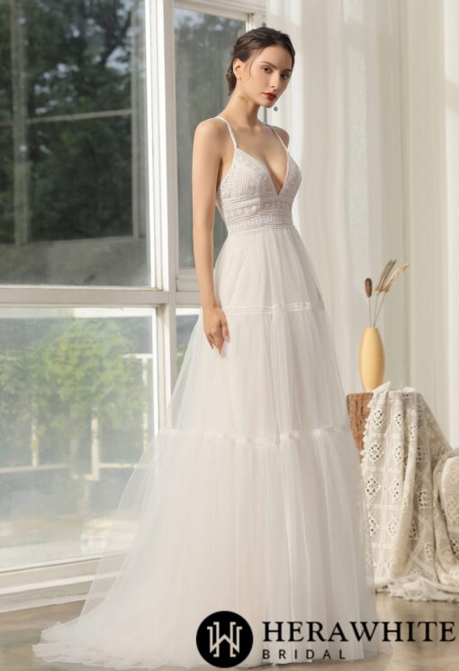 Robe de mariée en dentelle bohème et dos croisé | Soirée Blanche