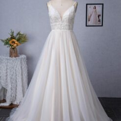 Robe de mariée A à bretelles spaghetti champagne romantique | Soirée Blanche