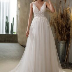 Robe de mariée en tulle avec col en V et double bande à la taille | Soirée Blanche