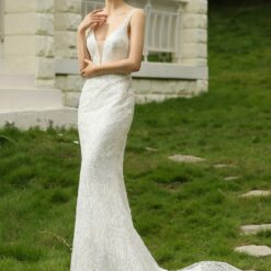 Robe de mariée ajustée pailletée avec décolleté en V profond | Soirée Blanche