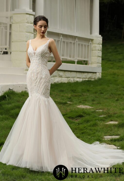 Robe de mariée trompette en dentelle perlée et tulle | Soirée Blanche