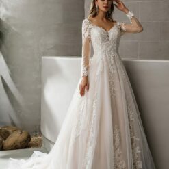 Robe de mariée princesse col en V et manches longues dentelle florale | Soirée Blanche