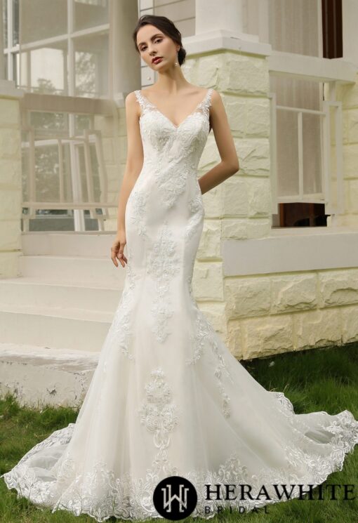 Robe de mariée fourreau ajustée à double traîne | Soirée Blanche