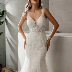 Robe de mariée sirène en dentelle symétrique avec traîne transparente | Soirée Blanche