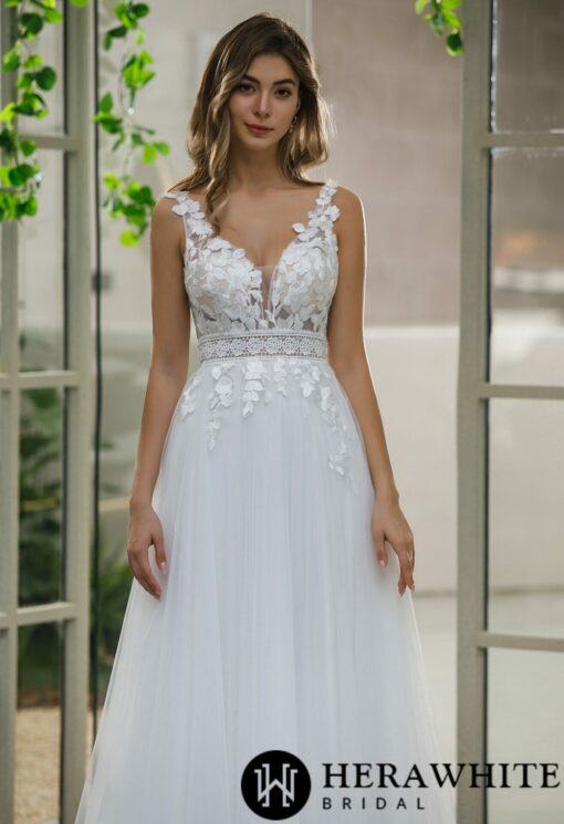 Robe de mariée A en dentelle florale avec jupe en tulle | Soirée Blanche