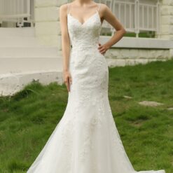 Robe de mariée ajustée à bretelles spaghetti avec perlage | Soirée Blanche