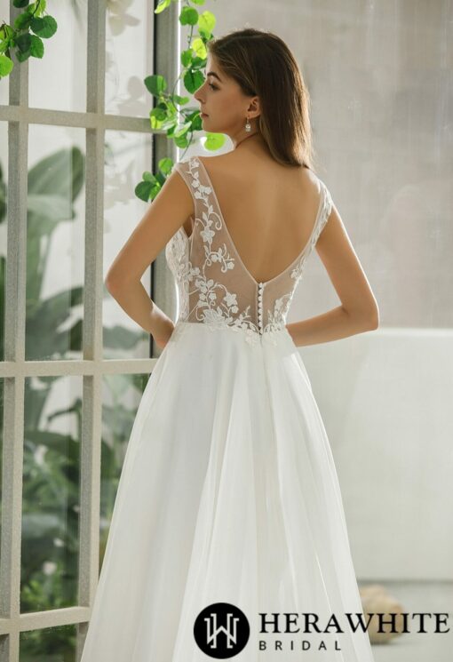 Robe de mariée sans manches en organza et dentelle à effet d’illusion | Soirée Blanche