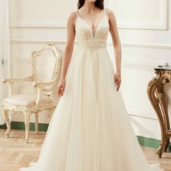 Robe de mariée A à bretelles spaghetti champagne romantique | Soirée Blanche